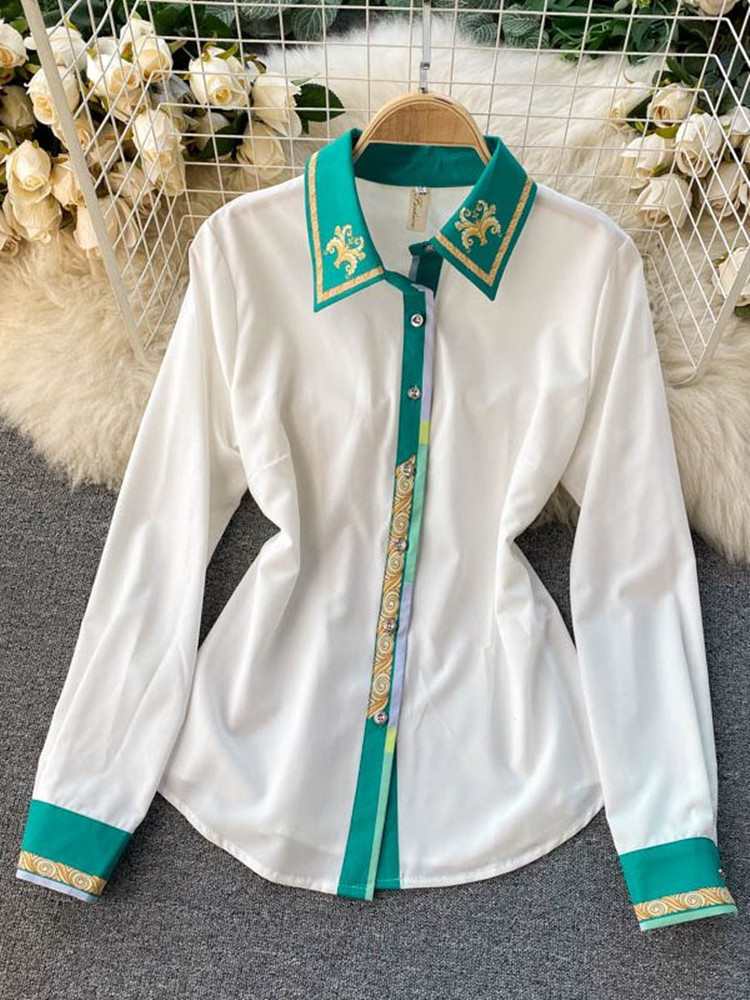 Two Piece Dress Spring Fashion Runway Midi Skirt Sets Women's Long Sleeve Contrast Color Green White Shirt and Pleated Skirts Two Piece Suit 2304