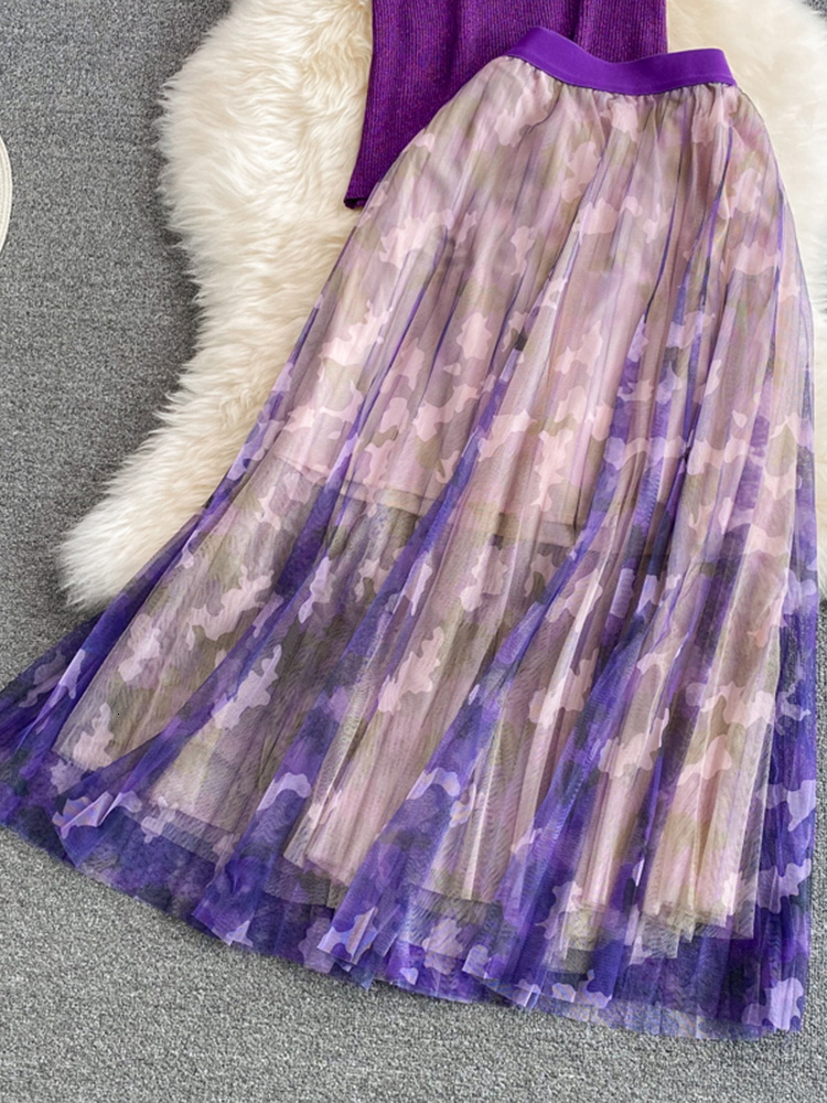 Two Piece Dress FTLZZ Summer Elegant Women Two Piece Sets V-neck Ruffled Knitted Top and Lace Mesh Floral Print Dress Casual Lady Suit 230428