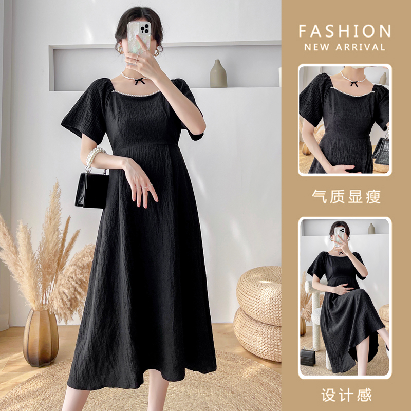 Maternity Dresses 929# Summer Korean Fashion Black Maternity Midi Dress Elegant A Line Slim Clothes for Pregnant Women Beading Pregnancy 230428CJ