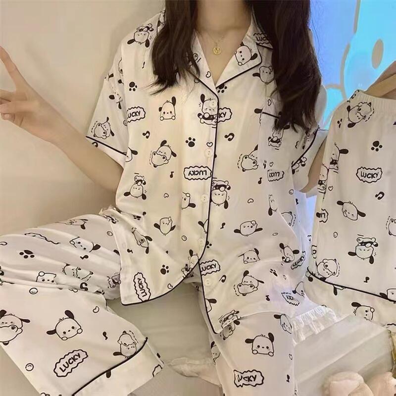 Women's Sleepwear Summer Short-sleeved Shorts And Trousers Three-piece Cute Cartoon Women's Pajama Suit Thin Girl's Cardigan Home Cloth