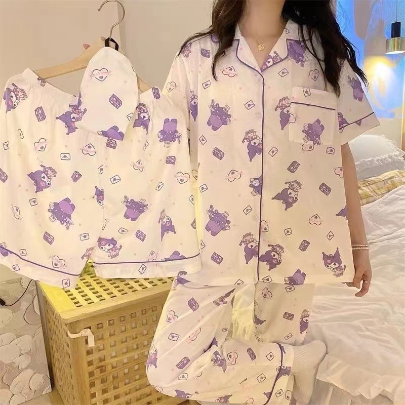 Women's Sleepwear Summer Short-sleeved Shorts And Trousers Three-piece Cute Cartoon Women's Pajama Suit Thin Girl's Cardigan Home Cloth