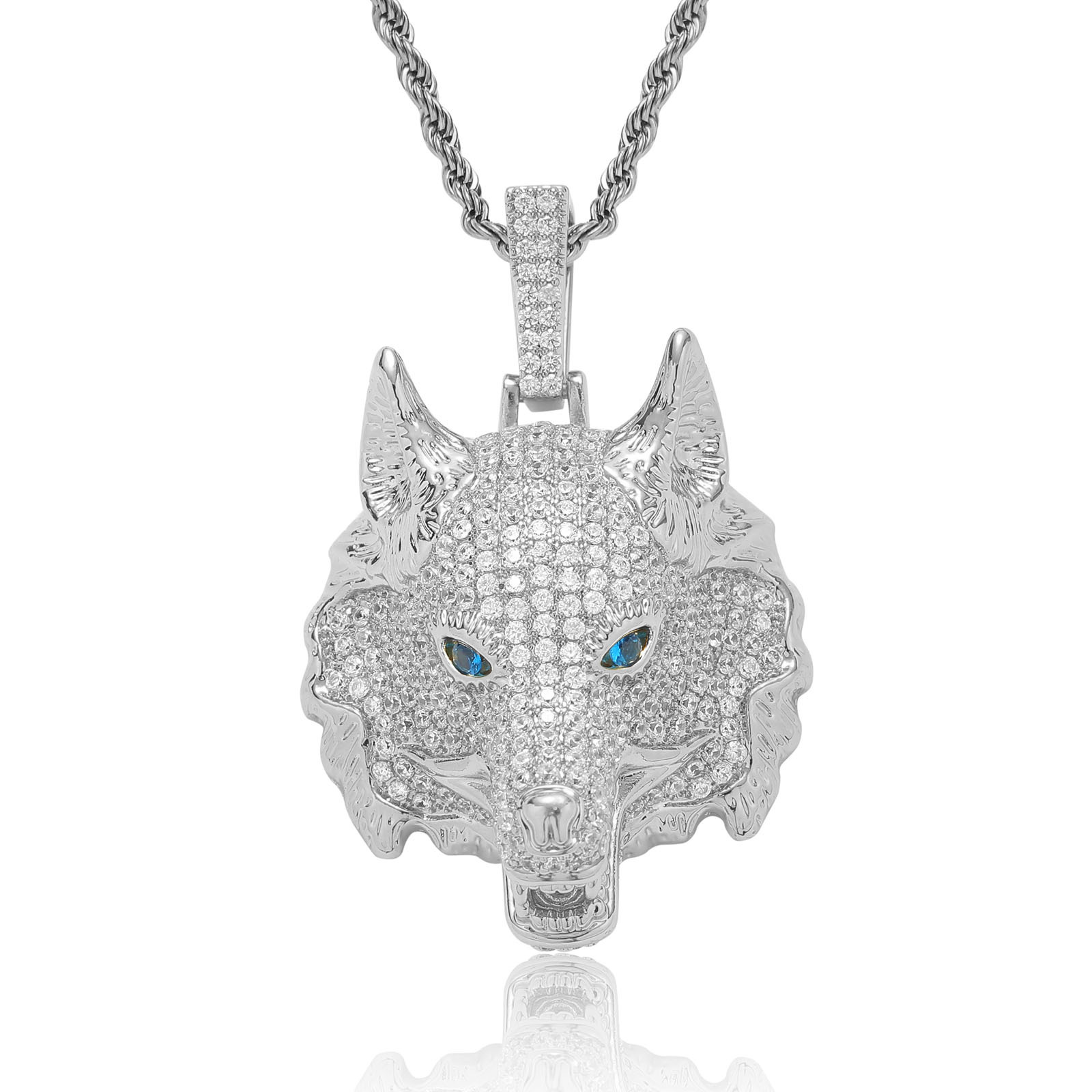 Hip Hop Retro 3D Wolf Head Pendant Necklace Cool Men Gift Full 5A Zircon 18k Real Gold Plated Jewelry