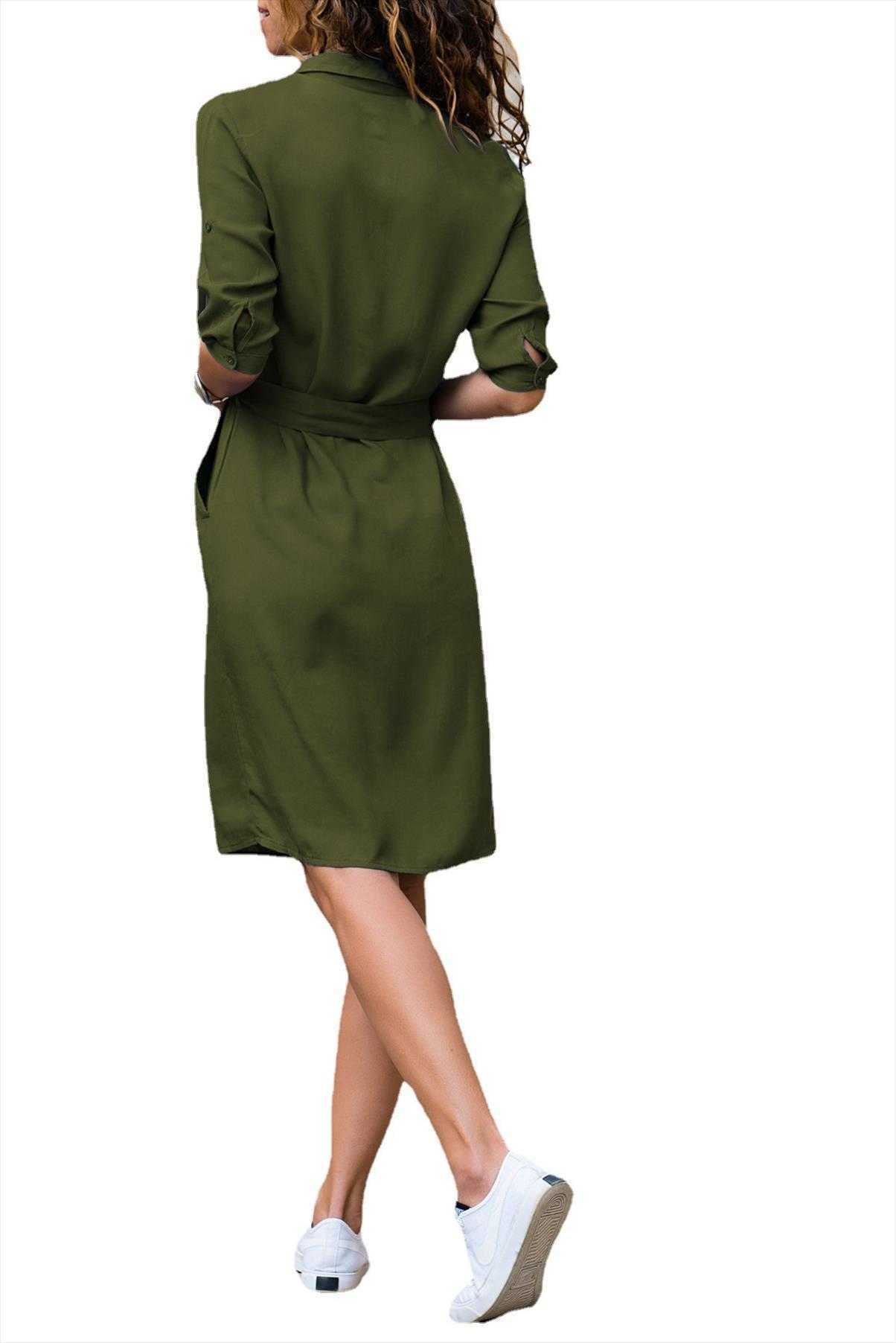 Summer Solid Dresses Color Polo Collar 3 4 Sleeve Shirt Dress Suspender