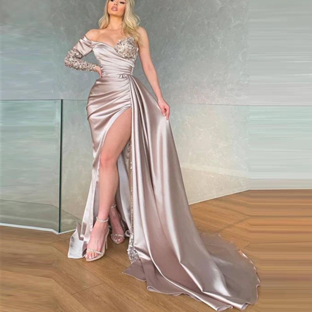 Robe De Soiree One Shoulder Prom Dresses Custom Long Sleeve Mermaid Side Split Formal Dubai Middle East Evening Party Gown