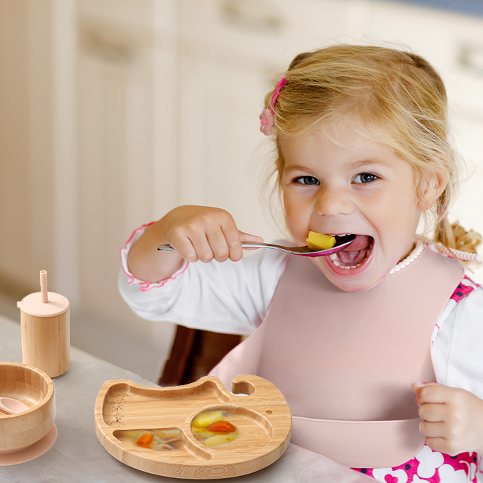 Cups Dishes Utensils 5pc Baby Feeding Tools Set Food Grade Silicone Toddler Bibs Bamboo Wooden Dinner Plate Bowls Straw Cup Tableware Stuff Baby Gift 