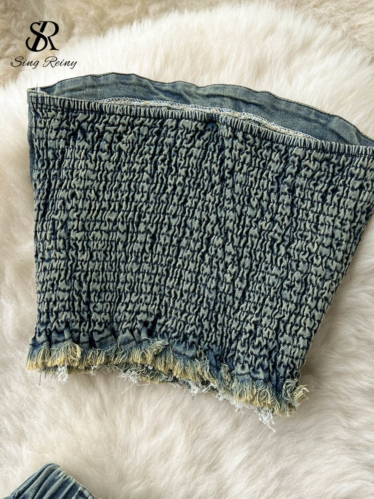 Two Piece Dress SINGREINY Retro Sexy Denim Two Pieces Suits Female Elastic Sheath Mini Strapless Tank TopMidi Long Skirt Women Summer Sets 230428