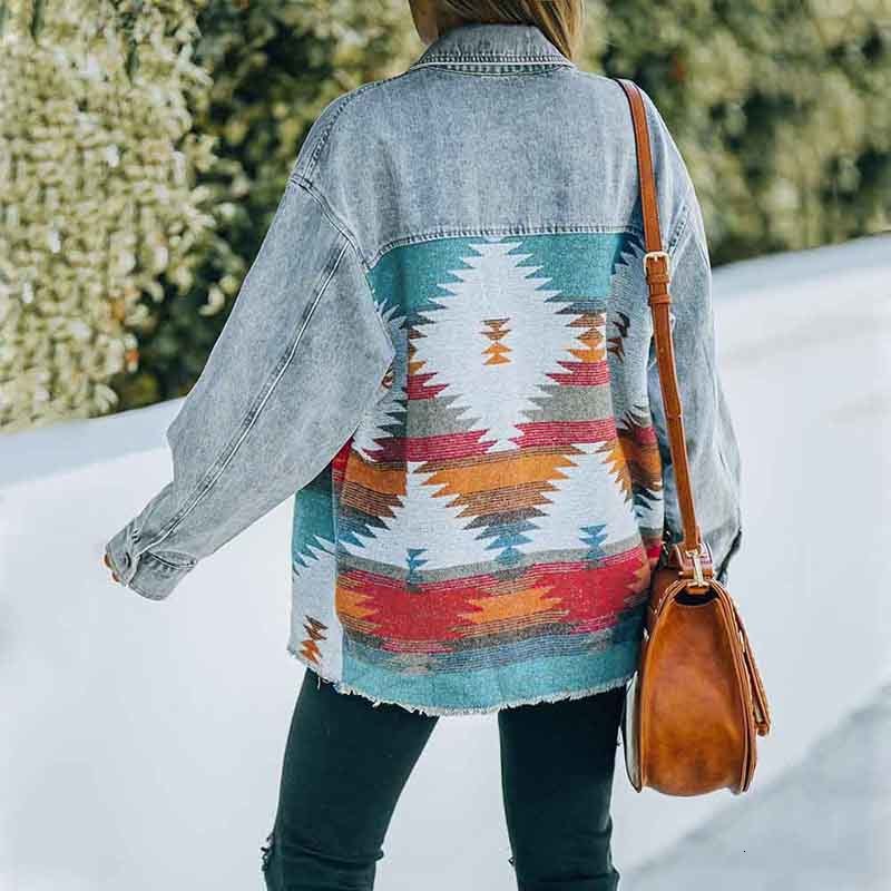 Women's Jackets Women Patchwork Denim Jacket Printed Long Sleeve Lapel Button Down Cardigan Autumn Spring Casual Coat 90s Vintage Streetwear 2304
