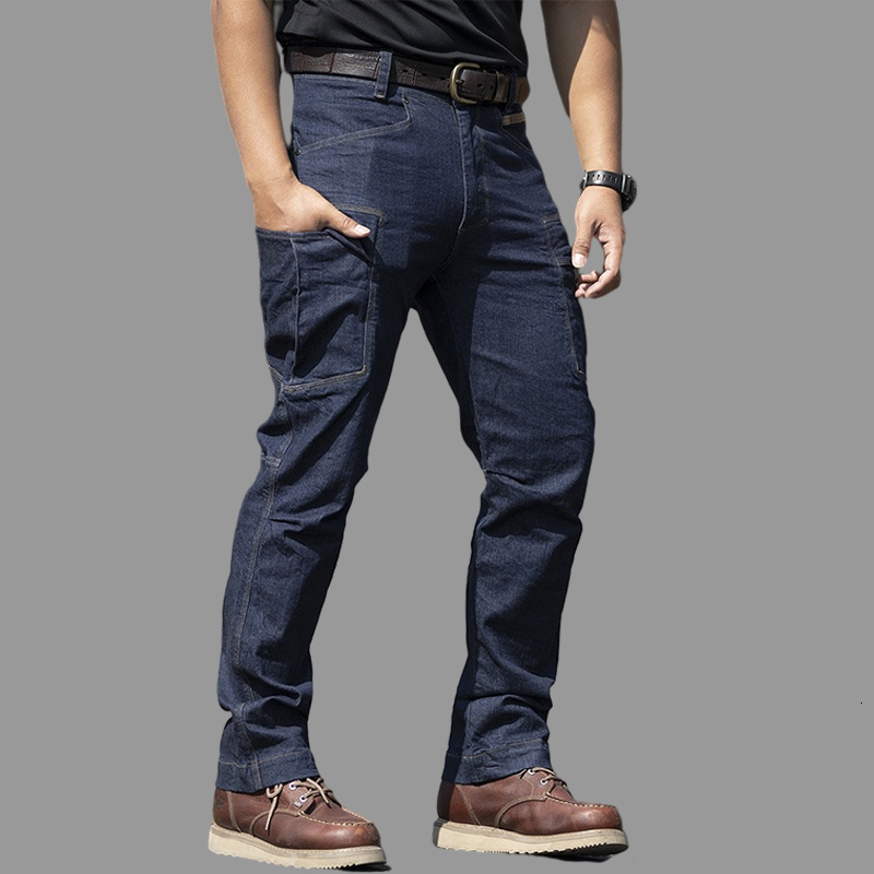 Men s Jeans Celana Panjang Kargo Taktis Pria Militer Tentara Kasual Sepeda Motor Denim Pengendara Regang Banyak Saku 230427