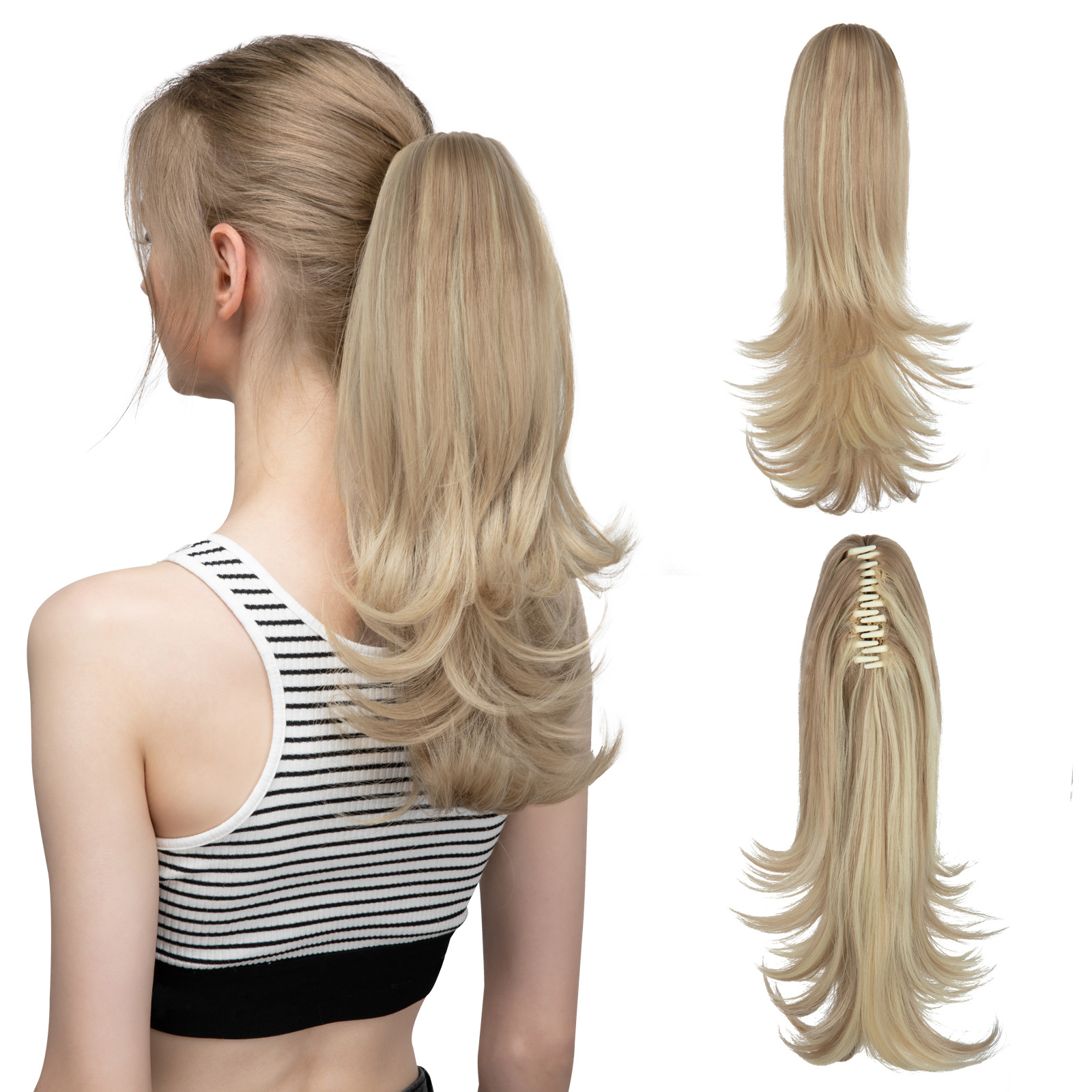 Synthetic Claw Clip In Ponytail Hair Extensions Hairpiece 14" Blonde Hair Wavy False Pigtail With Elastic Band Horse Tail