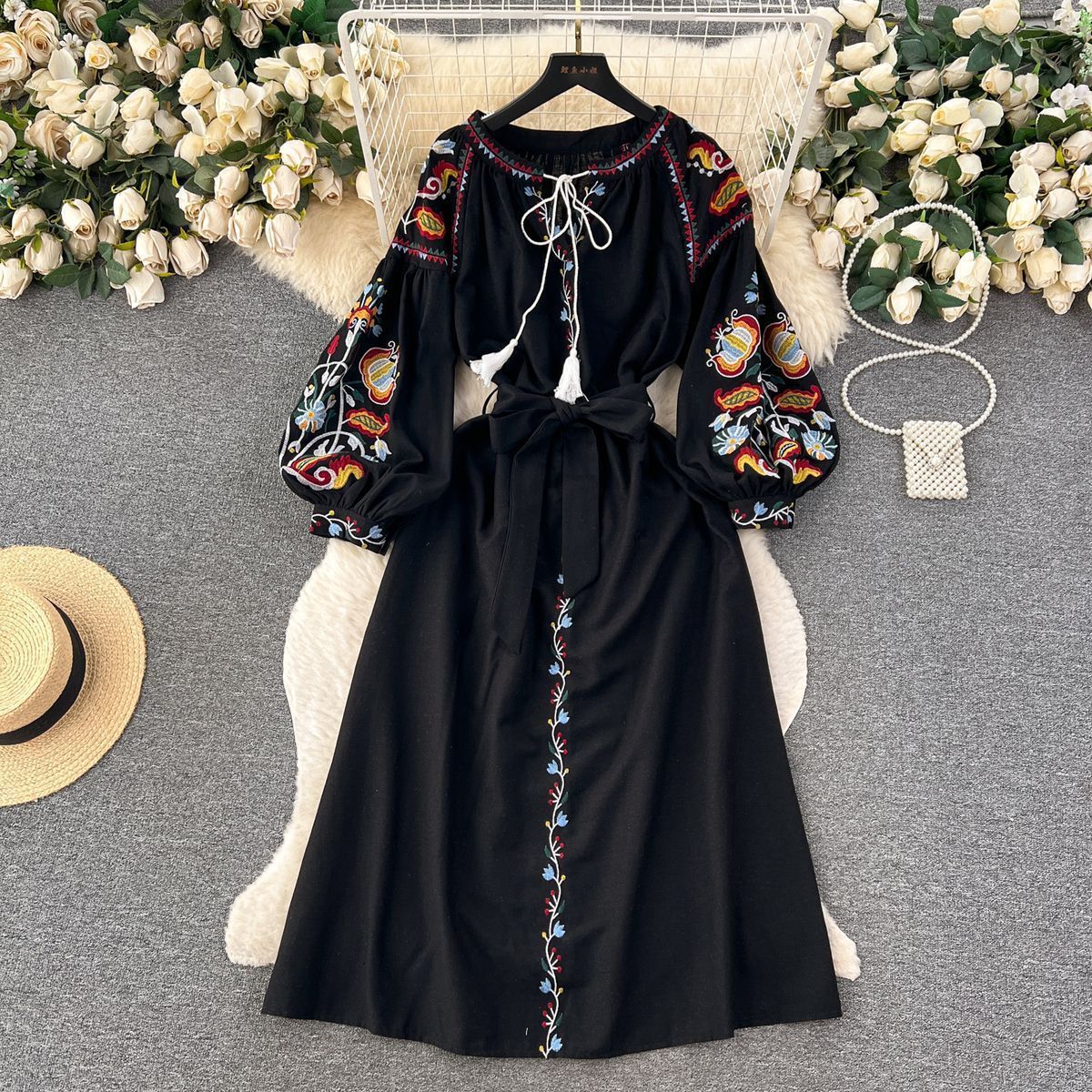 Ladies Fashion Resort Small Stand Collar Floral Embroidery Long Sleeve Loose Belt Sweet Elegant Woman Black Party Maxi Dress 4XL 211029