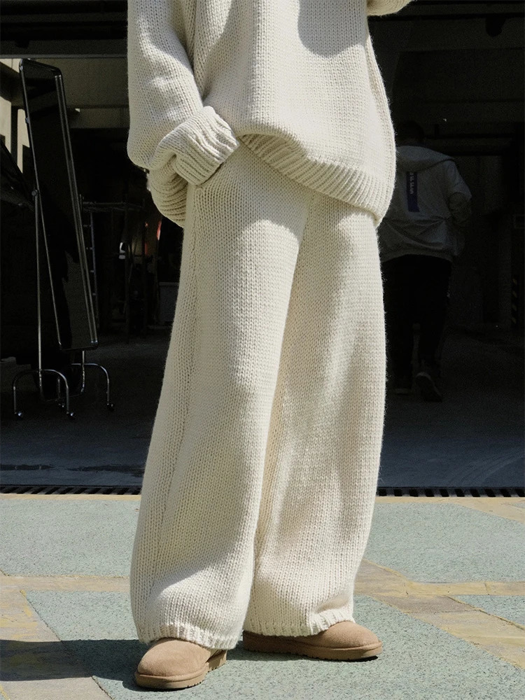 Women's Pants s LANMREM Wide Leg For Women Vintage Loose High Waist Elastic Solid Color Knitting Trousers Winter 2023 Fashion 2WA140 231128