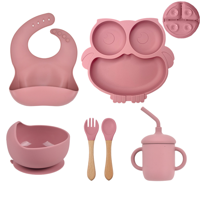 Cups Dishes Utensils 4/6Pcs Silicone Baby Feeding Set BPA Free Suction Bowl Divided Plate Wood Handle Spoon Fork Silicone Bibs Children Tableware Set 
