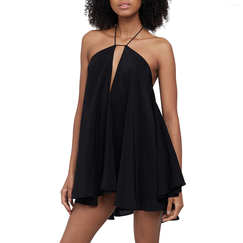 Women's Halter Neck Ruffle Mini Dress: Strapless Tie Back Hollow Out Beach Sundress