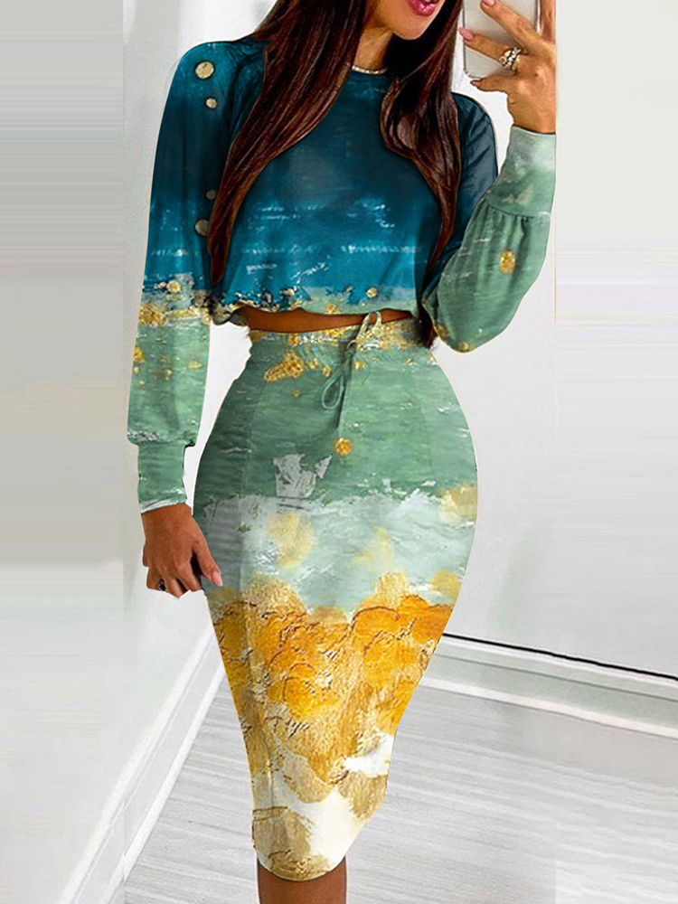 Two Piece Dress Sexy Crop Long Sleeve Bodycon Two Piece Set Women Autumn Fashion Print Top Slim Pencil Skirt Elegant Office Lady Suits 230428