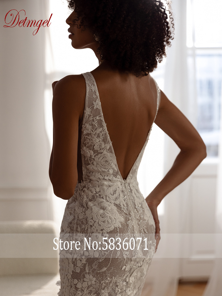 Party Dresses Detmgel 2023 Modern V Neck Mermaid Wedding Dress Backless Shiny Lace Beading Applique Court Train Princess Gown 230427
