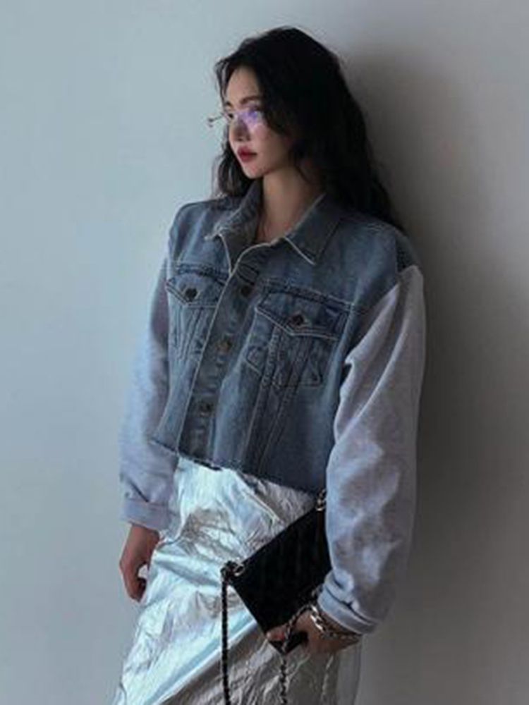 Women's Jackets GALCAUR Patchwork Denim Jackets For Women Lapel Long Sleeve Single Breasted Splcied Pockets Hit Color High Street Coat Female 230