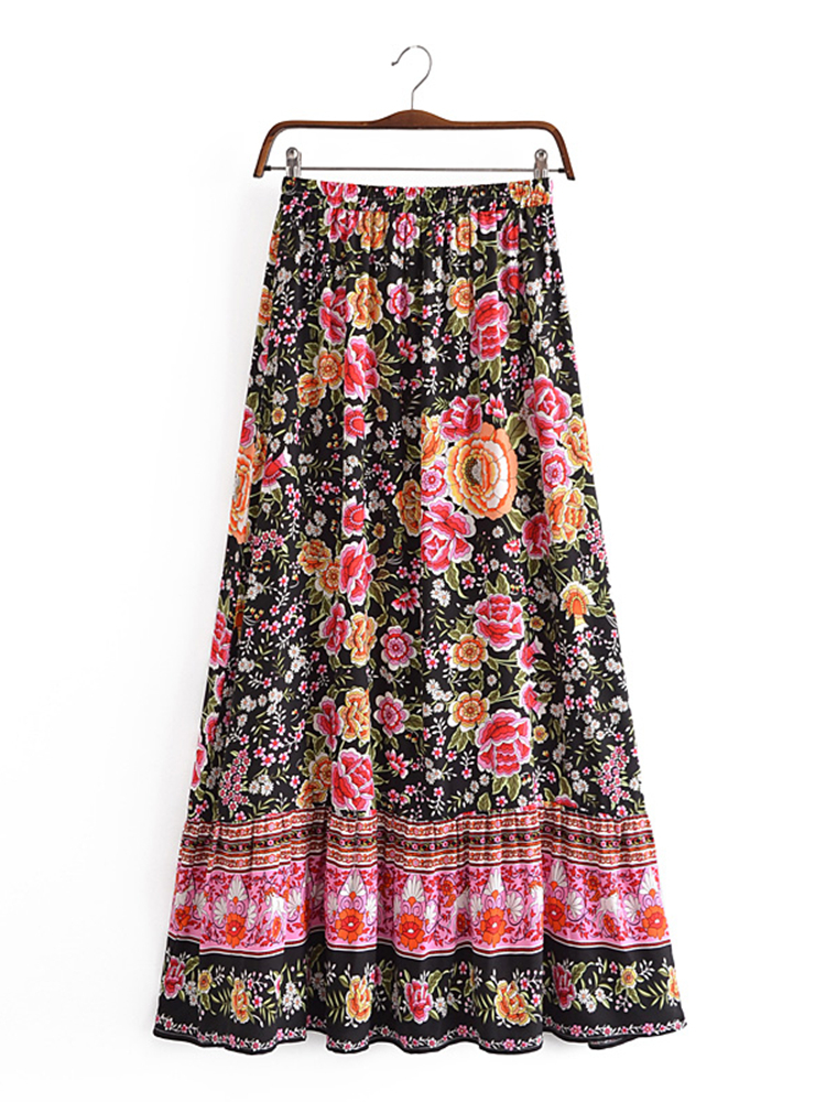 Skirts Summer Fashion Elegant Black Floral Print Beach Bohemian Pleated Skirt Vintage Lady High Waist A-Line Rayon Maxi Boho Skirts 230428