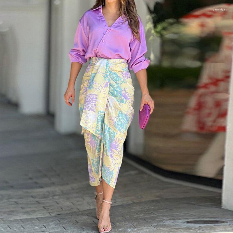 Women's Two Piece Pants Sets Skirt Outfit Women Printed Button Down Shirt Blouse High Waist Midi Bodycon Skirts Suit Female Office Lady