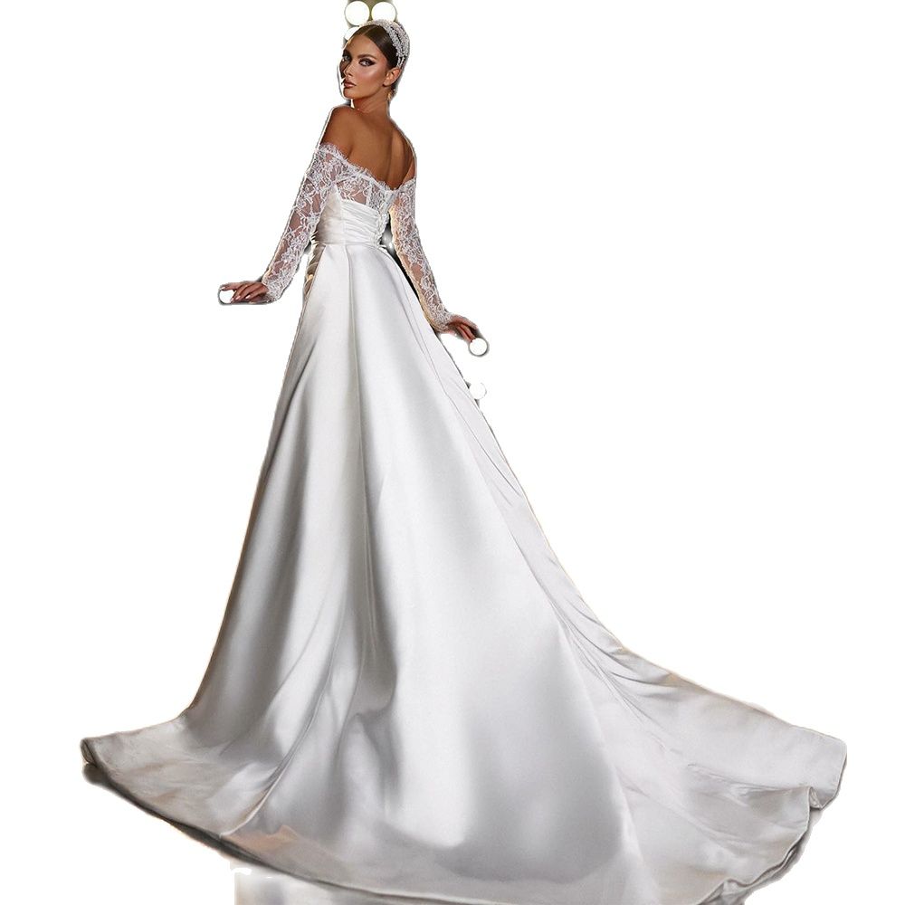 Off Shoulder Satin Mermaid Wedding Dresses Lace Sleeve Detachable Train Bridal Gown Cowl Neck vestidos de novia