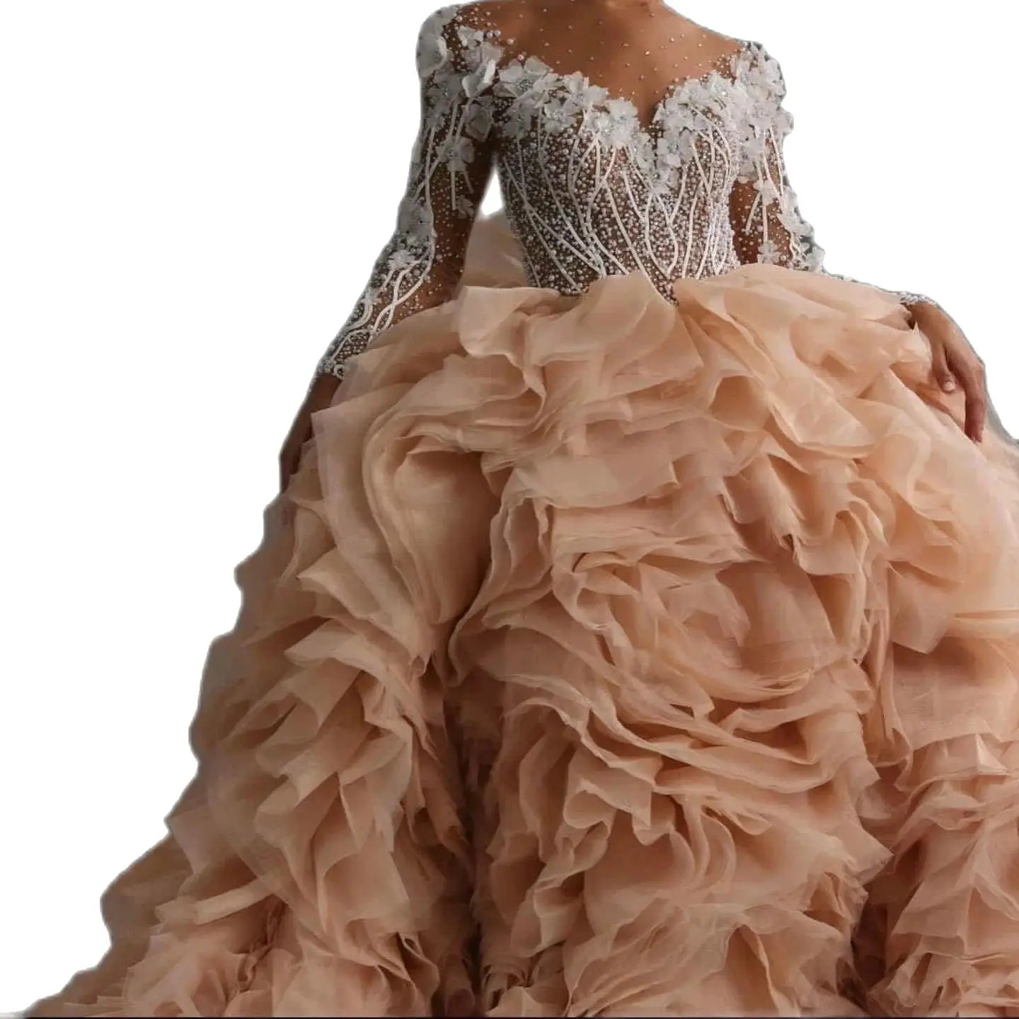 Puffy V Neck Wedding Ball Gown Off The Shoulder Dresses Full Sleeve Tiered Ruffles vestidos de novia Custom Made