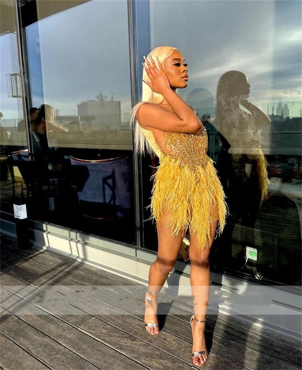 Feathers Crystal Beaded Gold Black Girl Prom Dresses 2024 Party Dress Elegant Sexy Short Birthday Gowns Vestido De Gala
