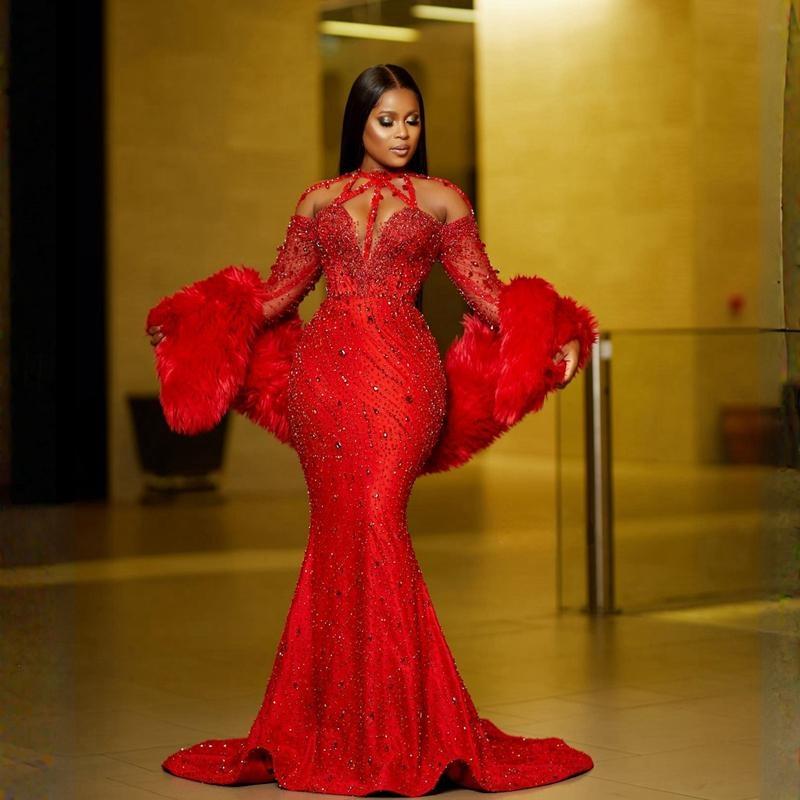 urious Aso Ebi Prom Dresses Sparkg Red Lace Mermaid Evening Dress Crystals Birthday Party Second Reception African Arabic Engagement Gowns ST465