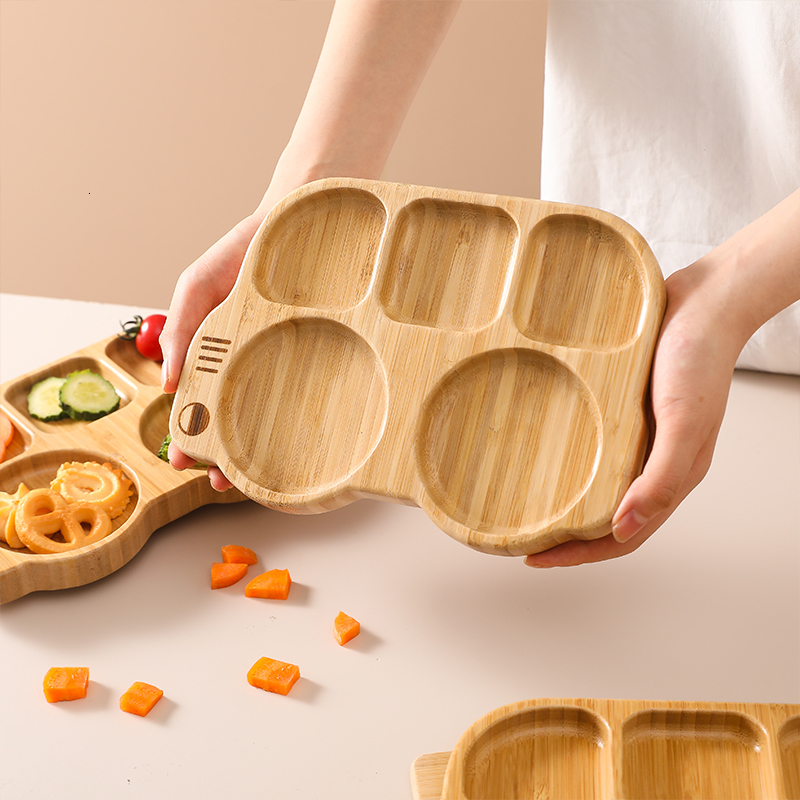 Cups Dishes Utensils 4pcs Bamboo Plate Sets Baby Feeding Bowl Wooden Kids Feeding Supplies Spoon Fork for Baby Tableware Suction Plate Bowl Cup 230428
