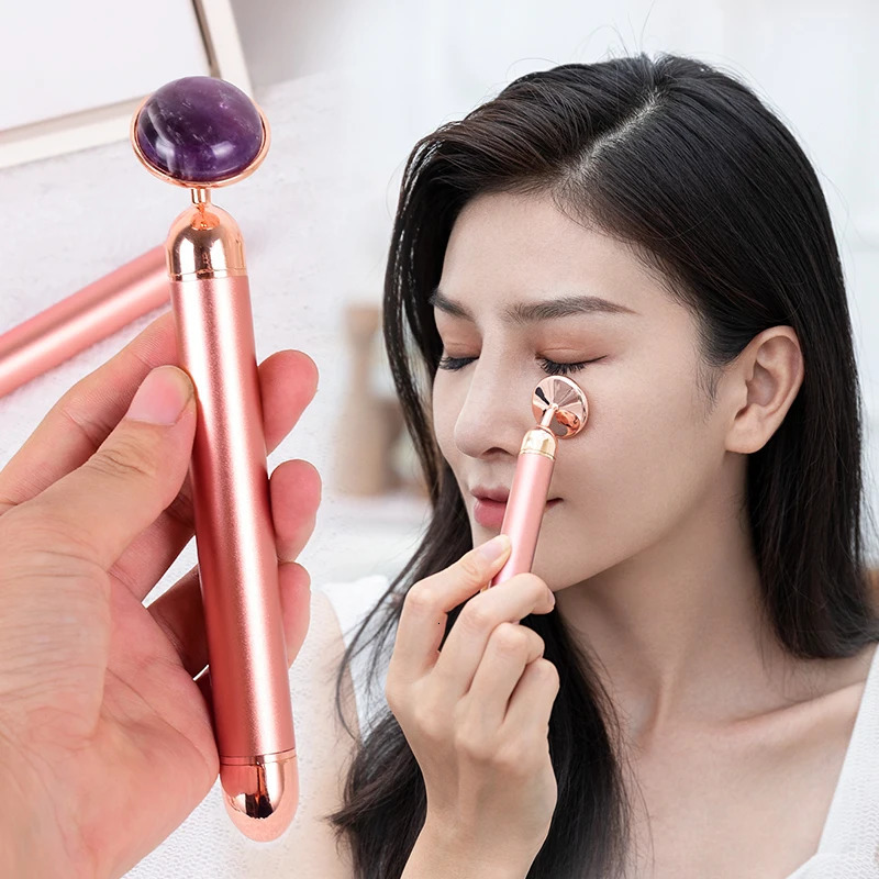 Full Body Massager Natural Stone Rose Gold Electric Roller Original Amethyst Quartz Jade Big Frequency Eye Massage Face Care Neck Detox Beauty Tool 23