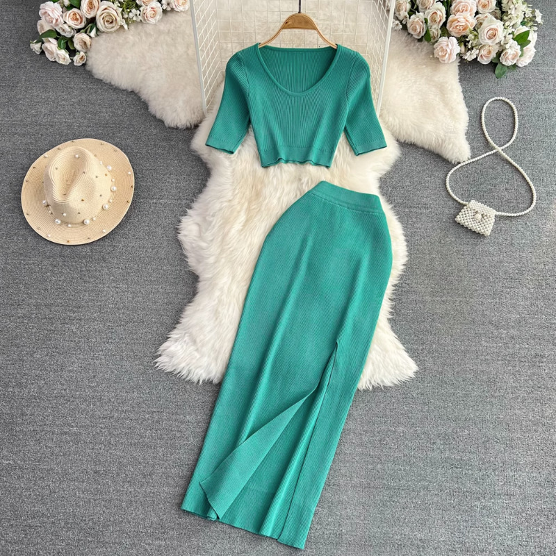 Two Piece Dress OCEANLOVE Two Piece Set for Women Knitting Solid Spring Summer Sexy Skirts Sets Korean Fashion Sexy Conjuntos De Vestidos 230428
