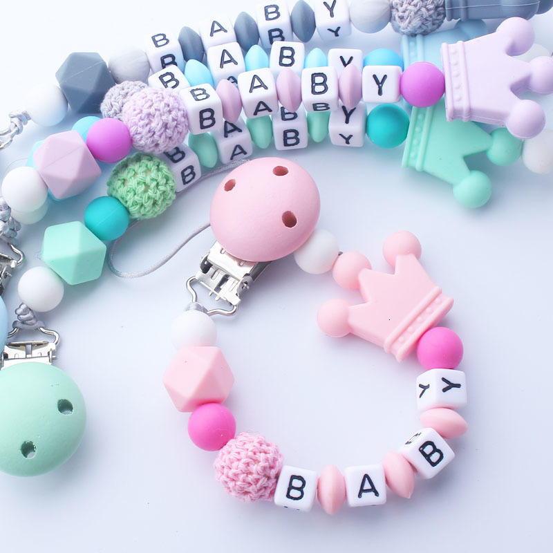 Pacifier Holders Clips# Handmade free personalized name silicone baby pacifier clip crown chain holder safe teether 230427