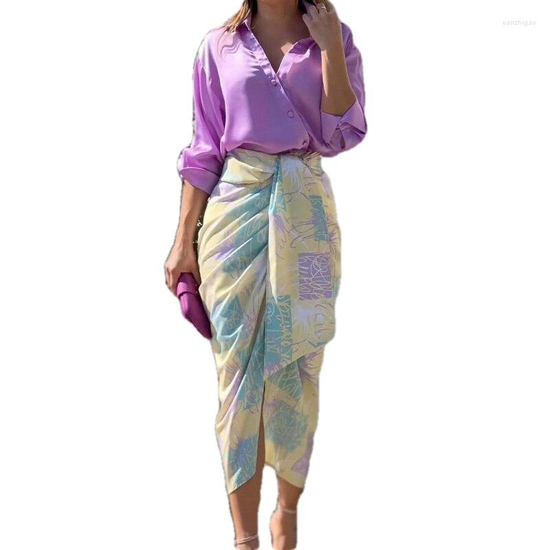 Women's Two Piece Pants Sets Skirt Outfit Women Printed Button Down Shirt Blouse High Waist Midi Bodycon Skirts Suit Female Office Lady