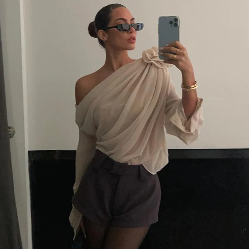 Women s T Shirt Cryptographic Skew Collar Floral Applique Mesh Chiffon Tops for Women Elegant Fashion Club Cropped See Through Pullover 231127