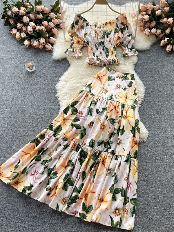 Two Piece Dress Summer Holiday Flower Print Two Piece Sets Women's Sexy Off-shoulder Crop Top High Waist Long Skirt Boho Beach Set Suit M7362# 23
