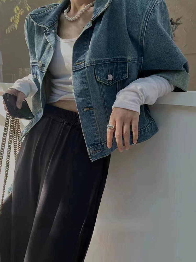 Women's Jackets GALCAUR Vintage Tunic Denim Jackets For Women Lapel Half Sleeve Single Breasted Bandage Solid Folds Coat Female Spring Clothing 2