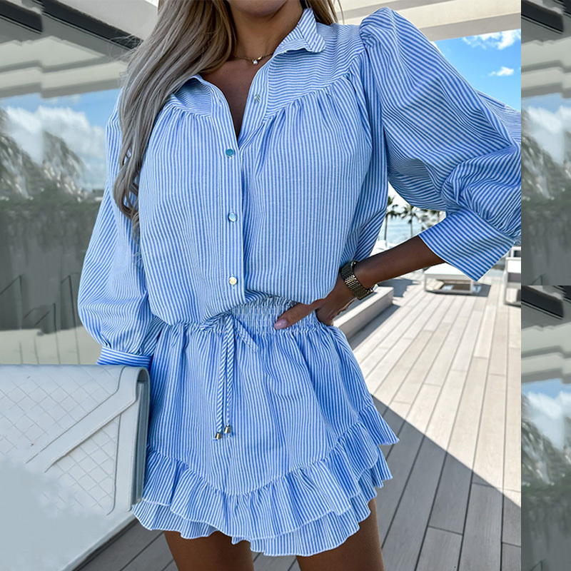 Two Piece Dress Office Lady Striped Print Two-piece Set Women Spring Single Breasted Blouse Ruffle A-Line Skirts Suit Casual Chic Outfits 230428