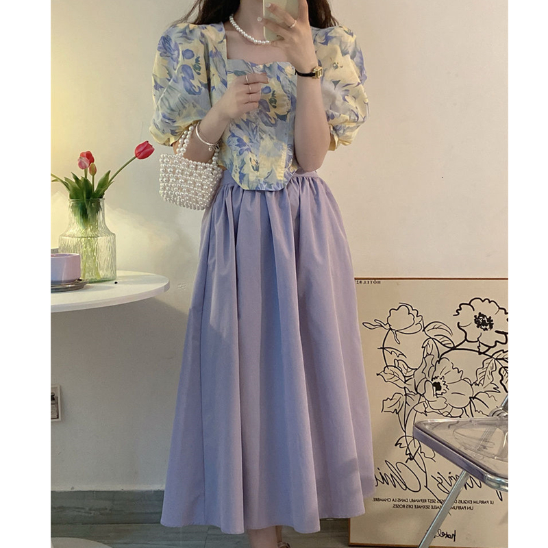 Two Piece Dress Women's Sweet Romantic Purple Two Piece Dress Set Summer Korean Lady Graceful Puff Sleeve Square Collar Tops Skirts Outfits 23042