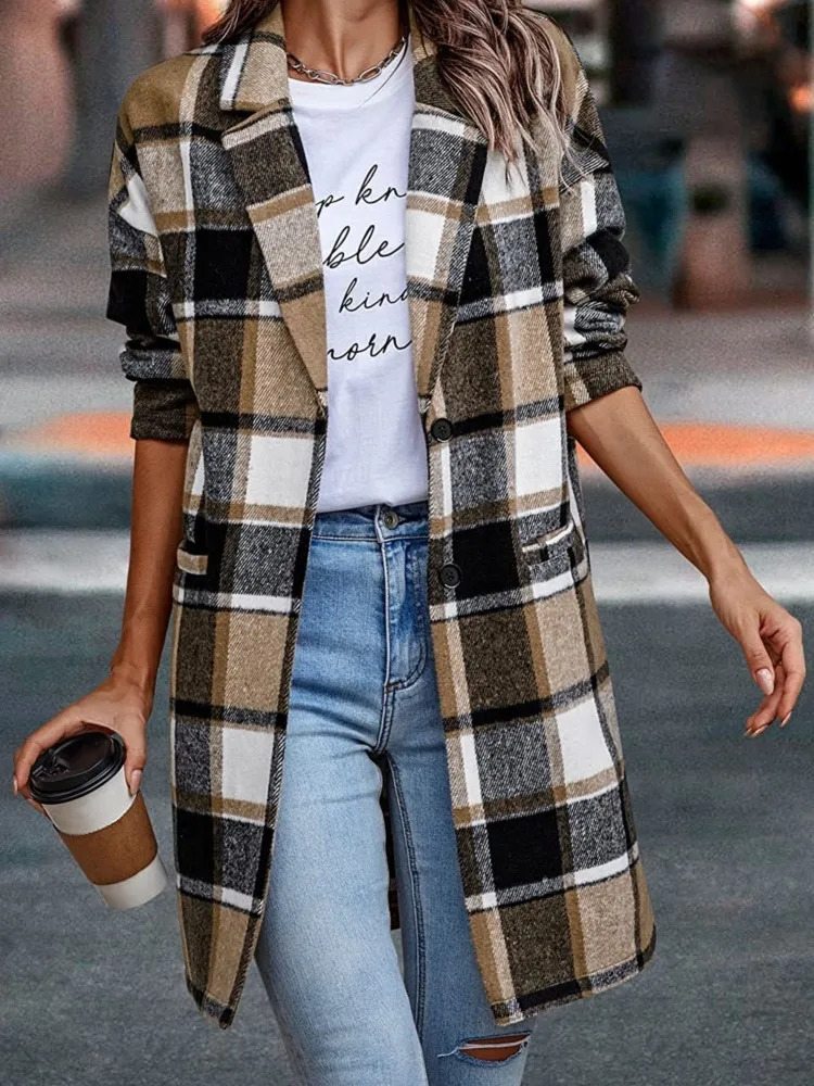 Womens Wool Blends Woolen Autumn Long Coat Women Sleeve Plaid Striped Print Ladies Coats Fashion Casual Loose Woman 231127