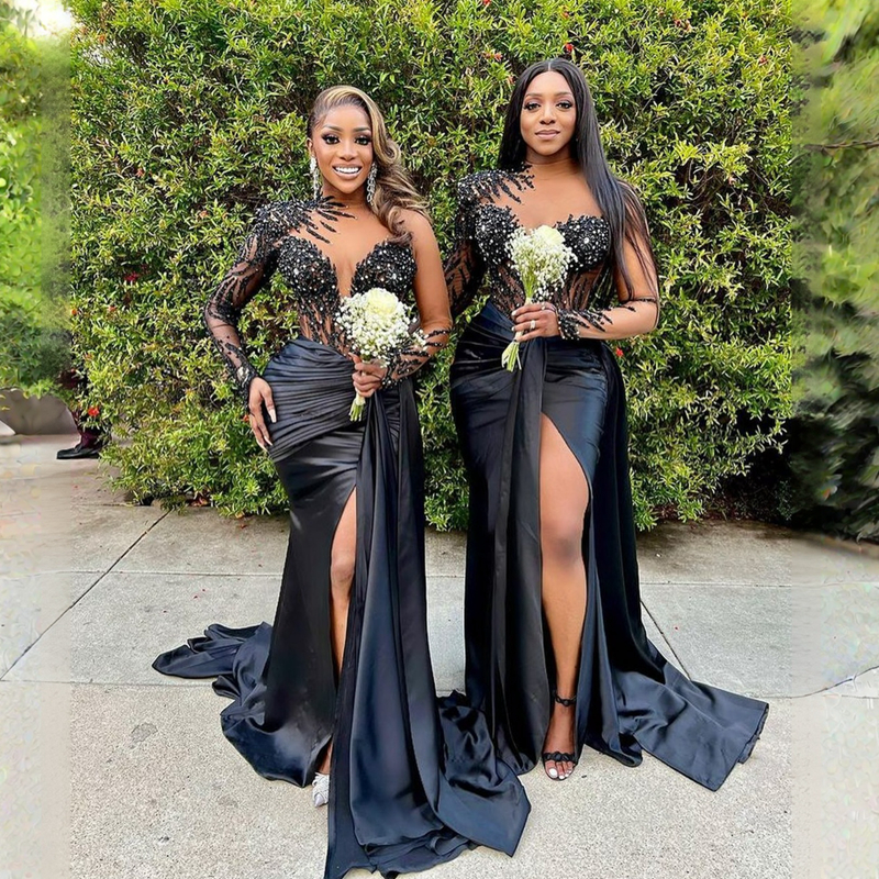Aso Ebi Mermaid Bridesmaid Dresses Mermaid Black Long Sleeves Appliques Split Beaded Tulle Maid of Honor Gowns for Wedding Guest's Dress Afican A