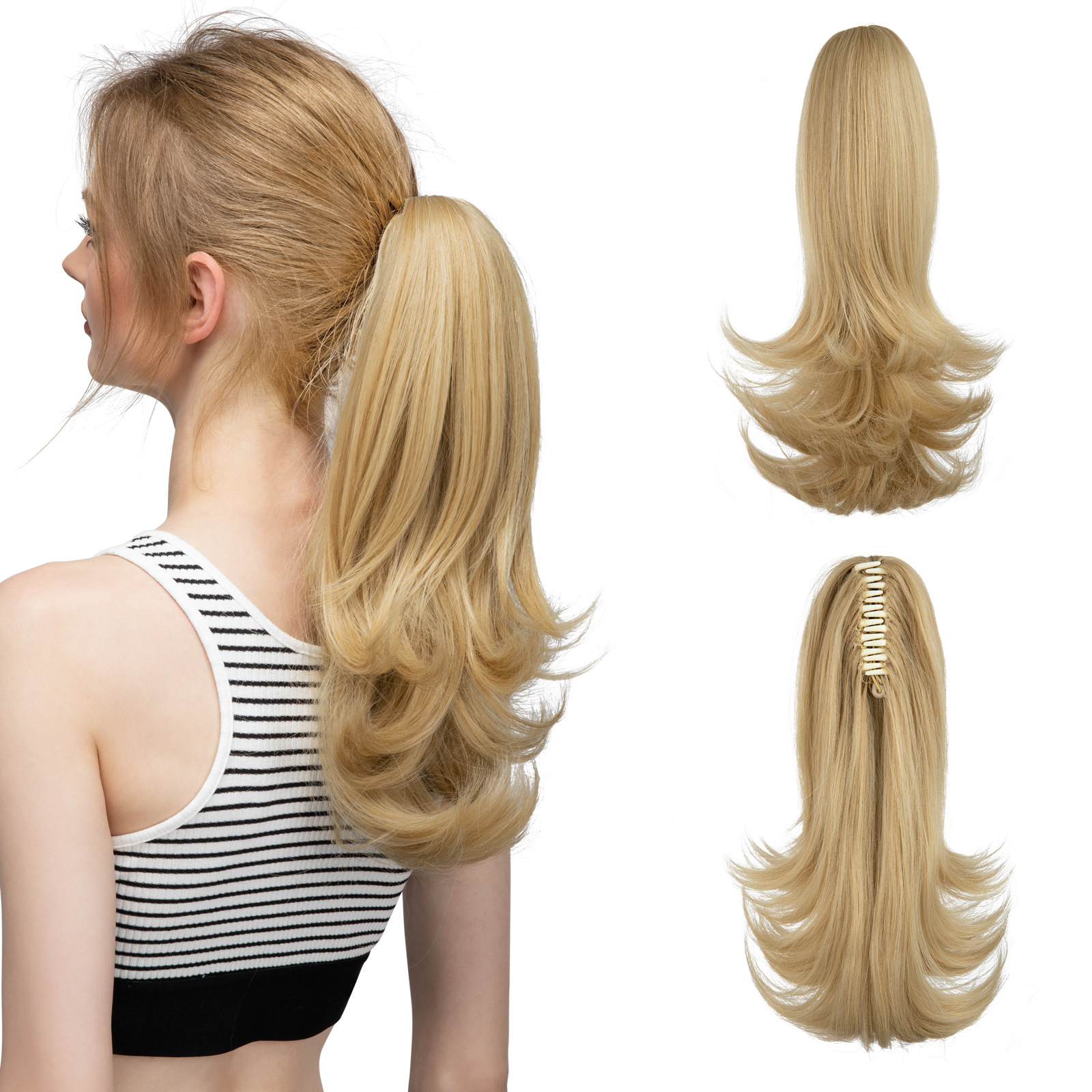 Synthetic Claw Clip In Ponytail Hair Extensions Hairpiece 14" Blonde Hair Wavy False Pigtail With Elastic Band Horse Tail