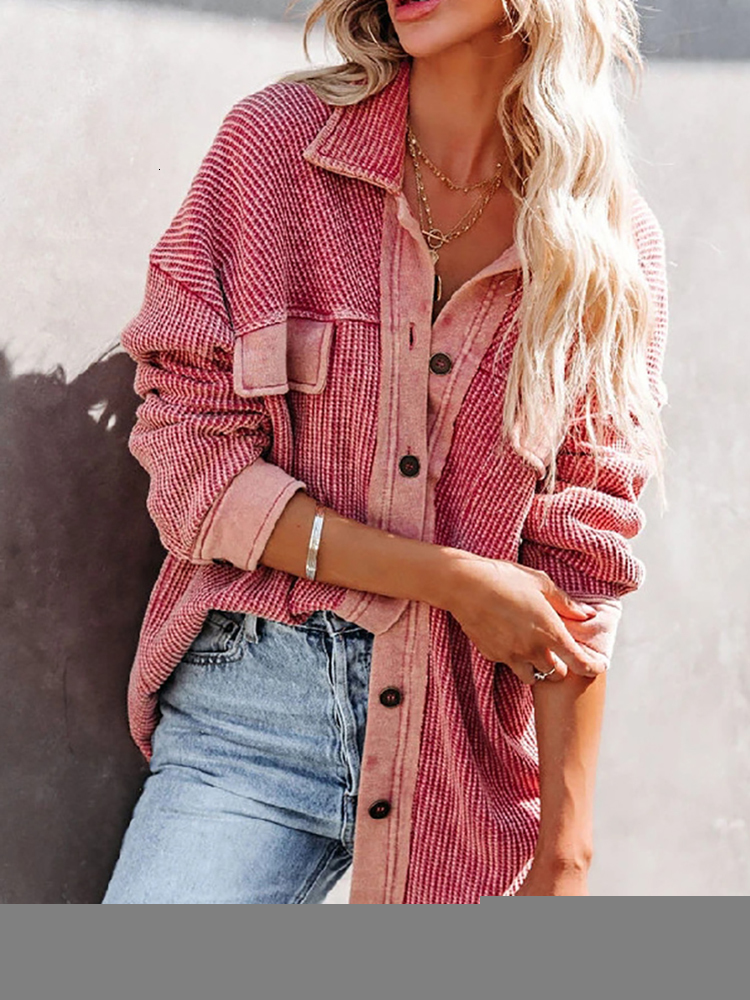 Women's Jackets Turn Down Collar Women Long Sleeve Pink Tops Coat Casual Streetwear Button Jackets Female Loose Pocket Patchwork Lapel Outerwear 