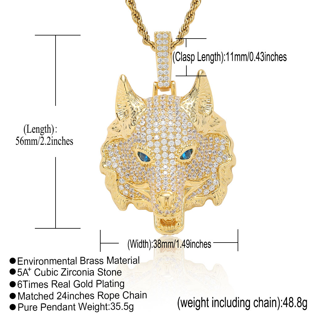 Hip Hop Retro 3D Wolf Head Pendant Necklace Cool Men Gift Full 5A Zircon 18k Real Gold Plated Jewelry