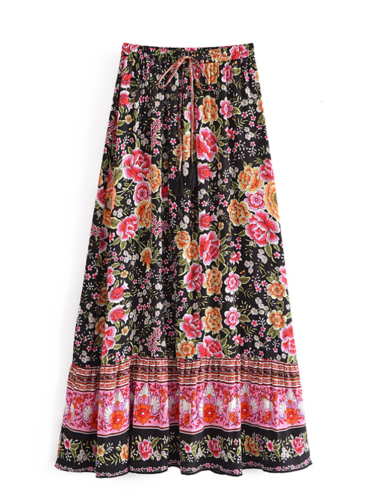 Skirts Summer Fashion Elegant Black Floral Print Beach Bohemian Pleated Skirt Vintage Lady High Waist A-Line Rayon Maxi Boho Skirts 230428