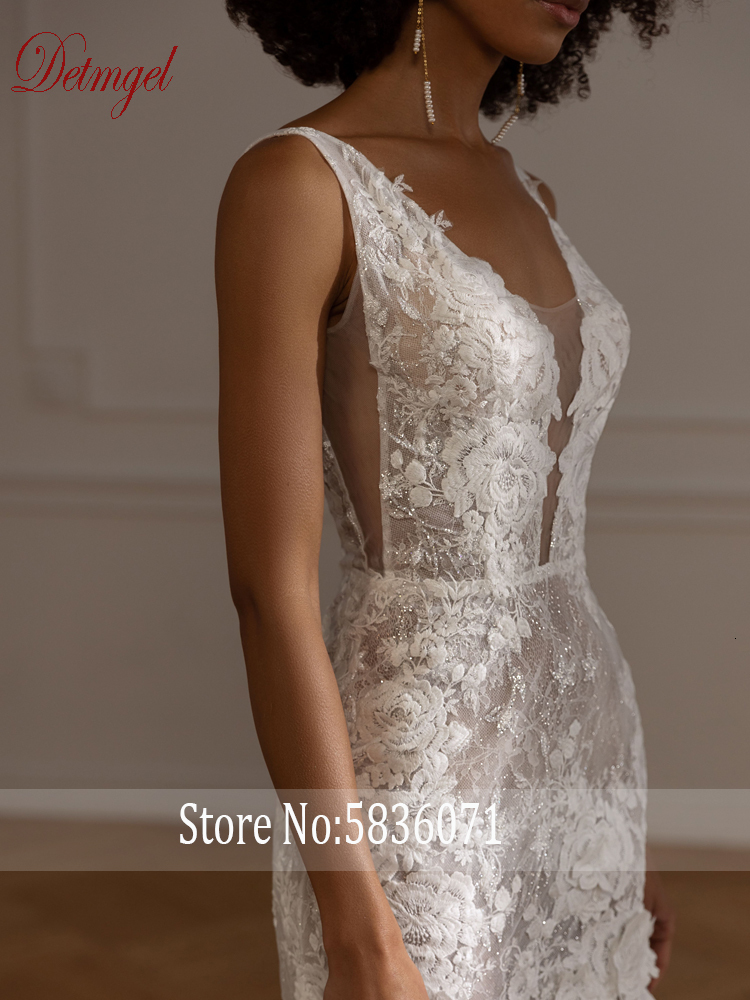 Party Dresses Detmgel 2023 Modern V Neck Mermaid Wedding Dress Backless Shiny Lace Beading Applique Court Train Princess Gown 230427