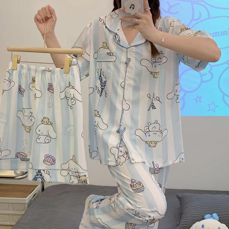Women's Sleepwear Summer Short-sleeved Shorts And Trousers Three-piece Cute Cartoon Women's Pajama Suit Thin Girl's Cardigan Home Cloth