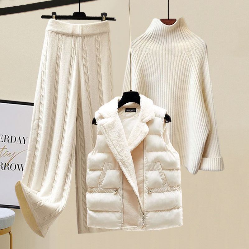 Womens Two Piece Pants Plus Size Winter Warm 3 Piece Set Women Pullover Sweater Wide Leg Pants Lamb Wool Vest Knitted Suit Tracksuit Womens Clothes 22