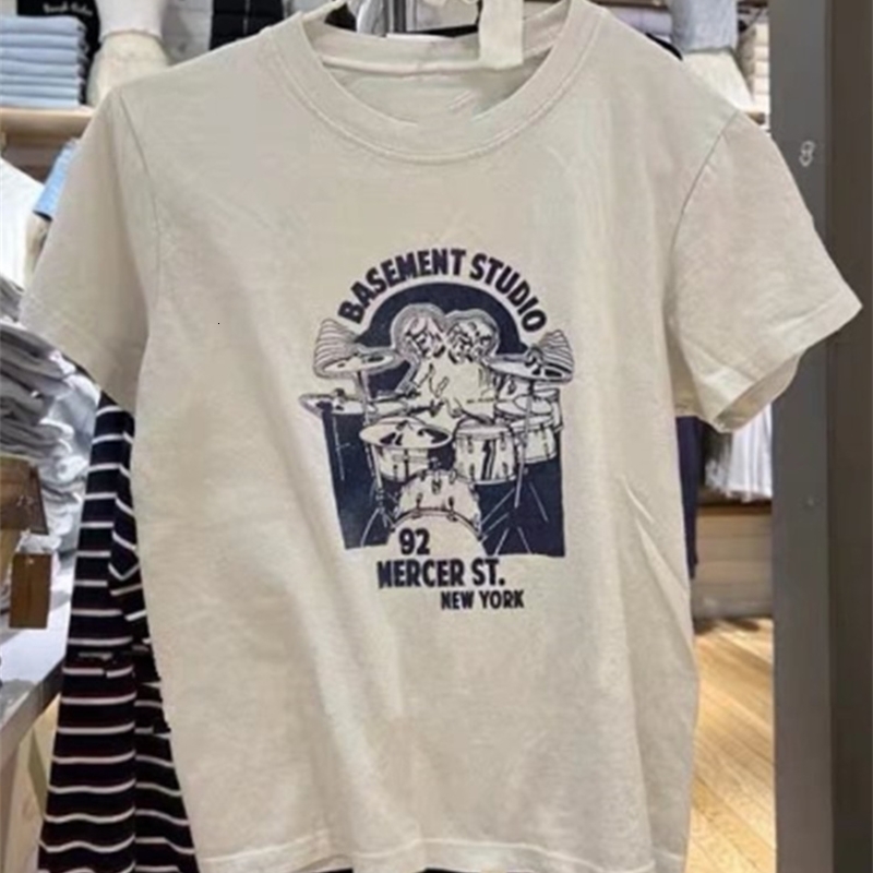 Women's T Shirt Atasan Rajut Lengan Pendek Wanita Kaus Cetak Drum Huruf Leher O Putih Kasual Mode Musim Panas 230427