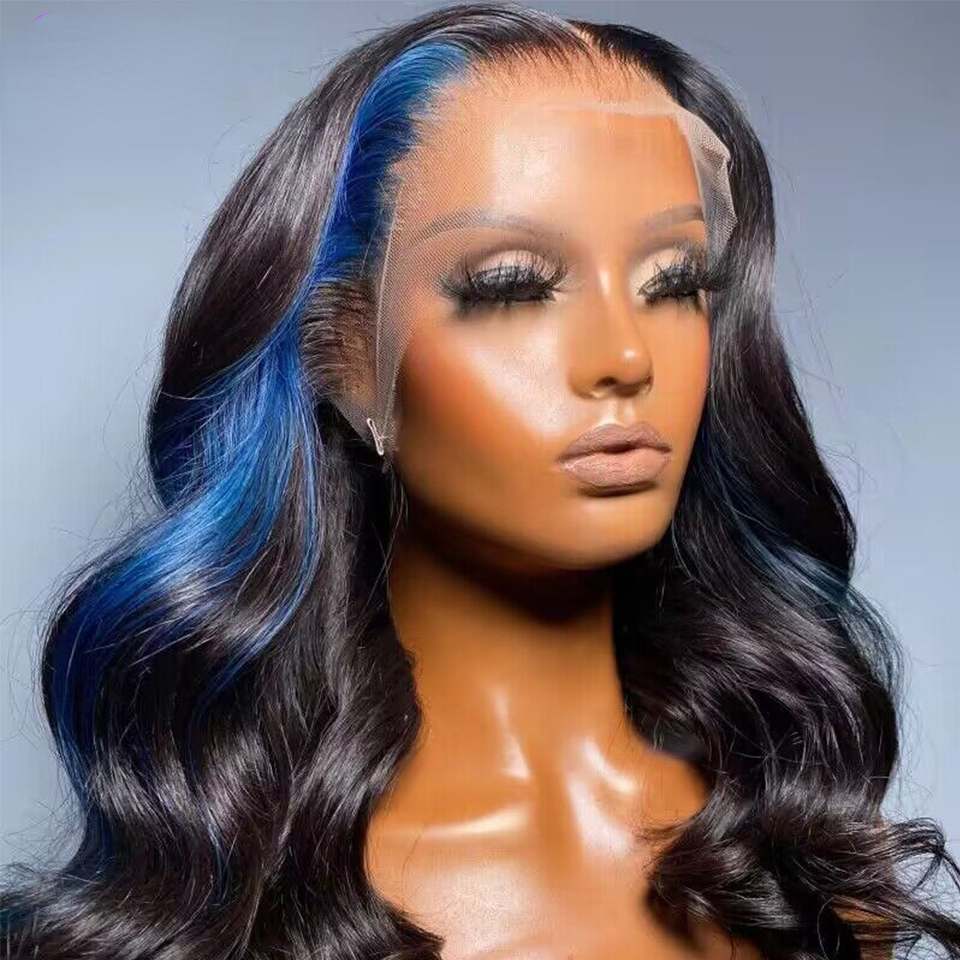 Free shipping 13X4 Front Blue Highlight Black Wigs Transparent Lace Frontal Brazilian Silation Human Hair Body Wave Wig For Women