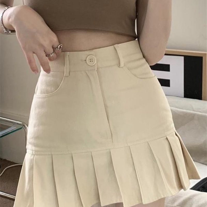 Skirts HOUZHOU Korean Cute Pleated Mini Skirt Women Sexy Patchwork High Waist Solid Casual A-line Denim Skirt Summer Kpop Streetwear 230428
