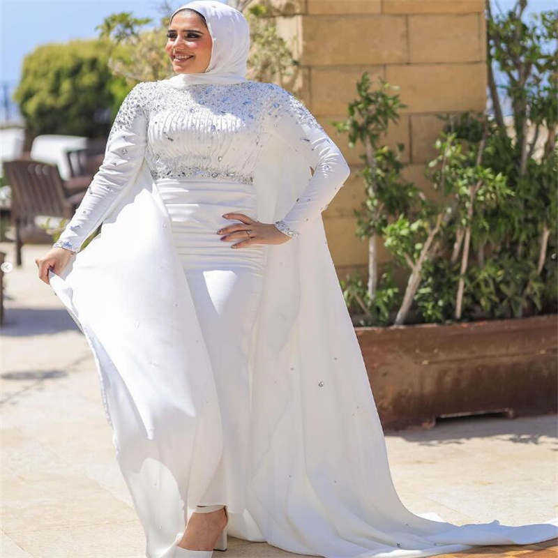 Countries Rhinestone Muslim Wedding Dress With Cape Elegant Crystal Pure White Muslimah Bohemian Bridal Gown Long Sleeve Dubai Saudi Arabic Bride Dres