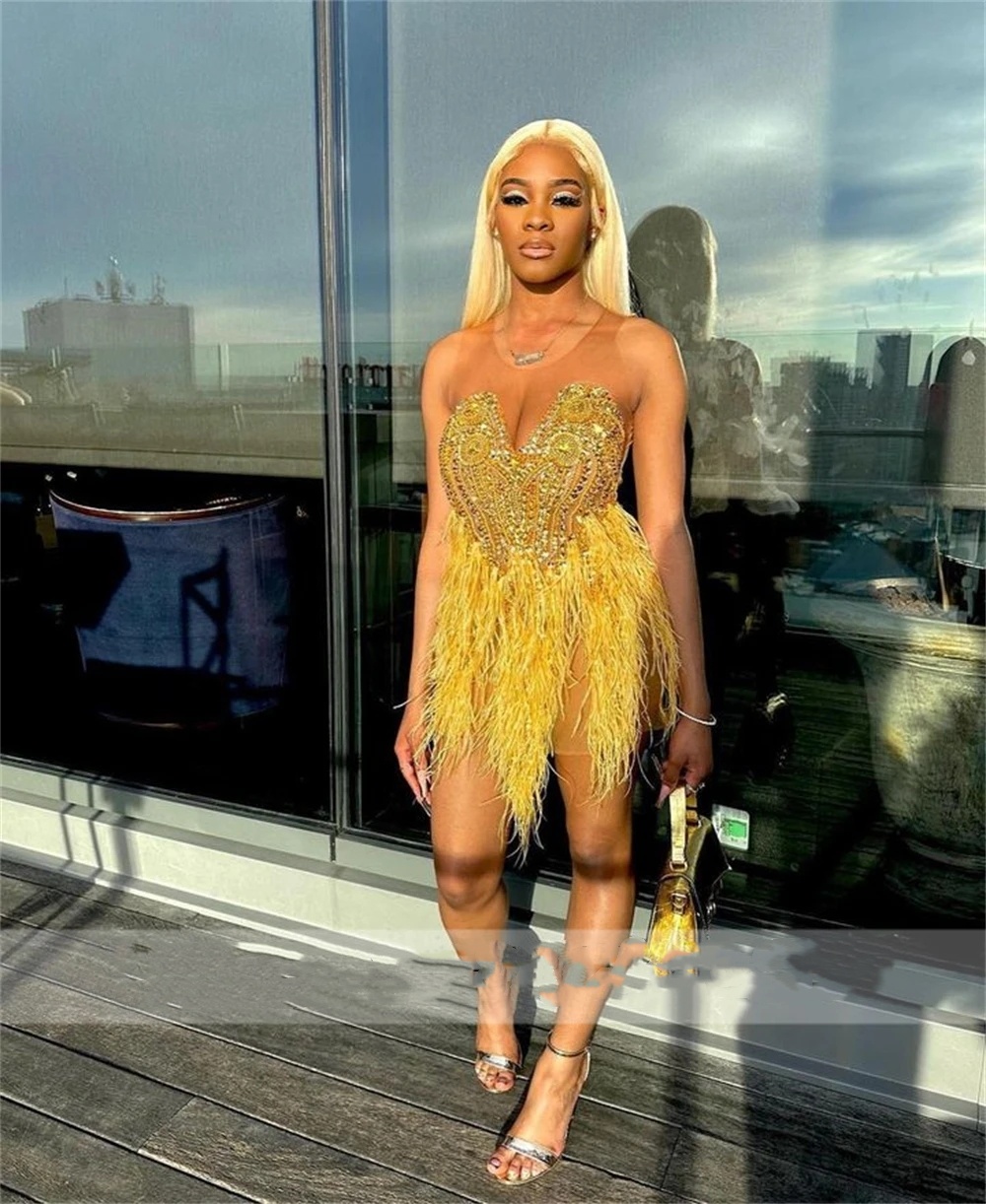 Feathers Crystal Beaded Gold Black Girl Prom Dresses 2024 Party Dress Elegant Sexy Short Birthday Gowns Vestido De Gala